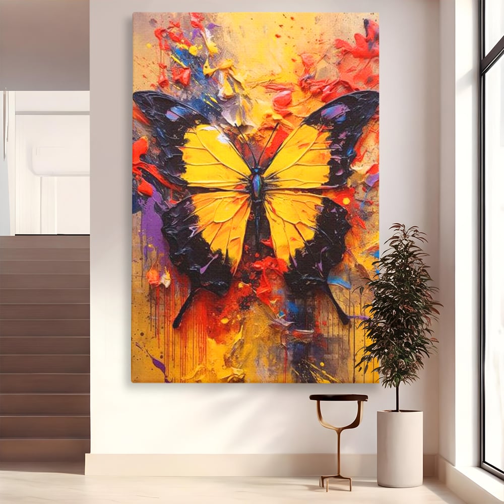 Tablou canvas cu pictura cu fluture galben, fara rama, pe sasiu de lemn